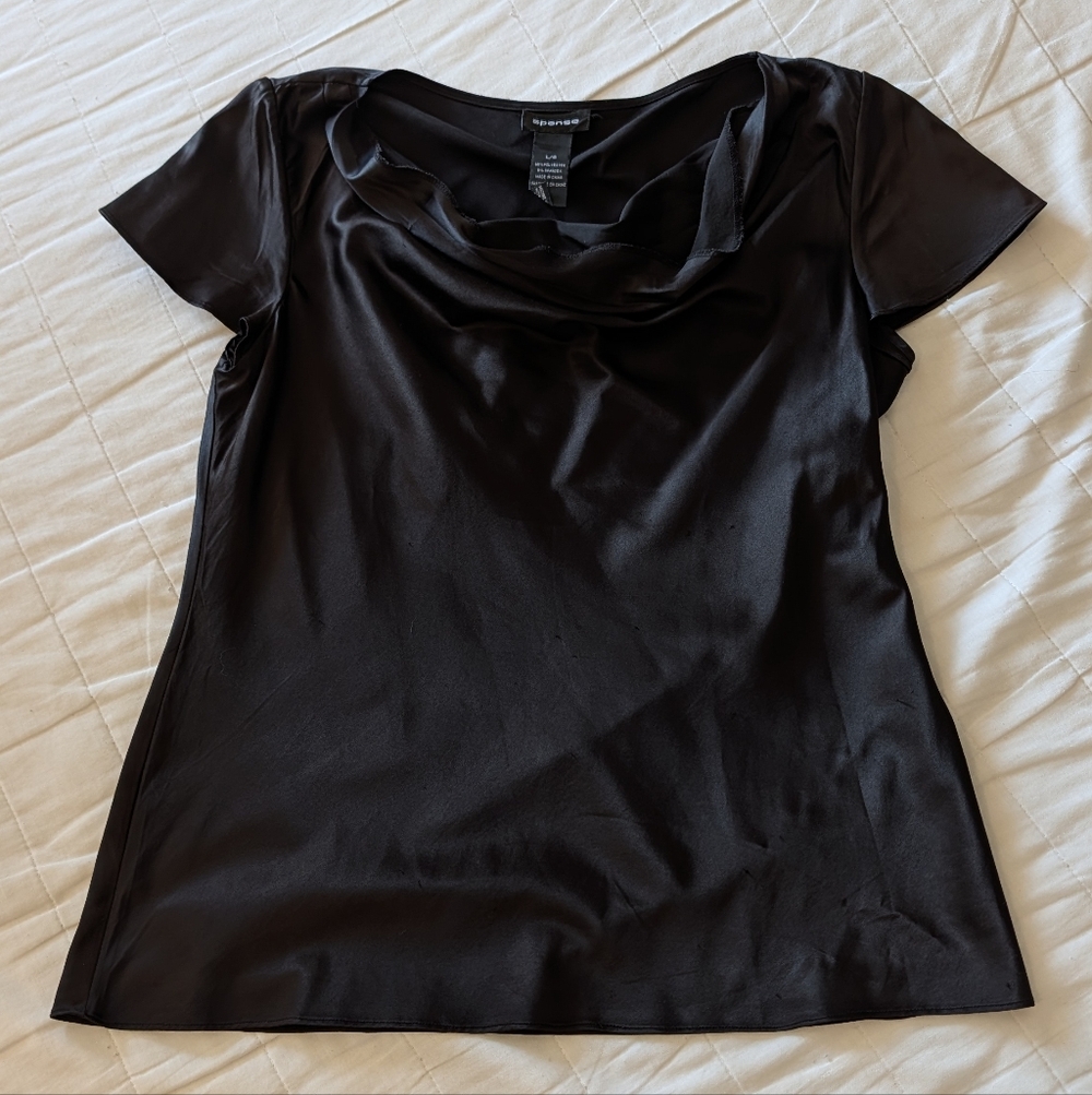 Black Satin Cowl Neck Short Sleeve Top